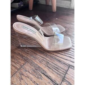 Steve Madden Clear Strap Lucite Heel Sandals – Nude Slip-On Mules
